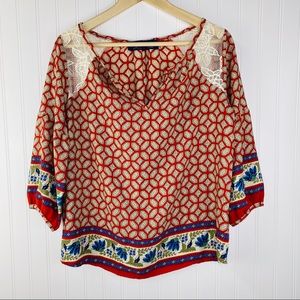 Francesca’s Blue Rain Orange Lace Boho Top Size Small